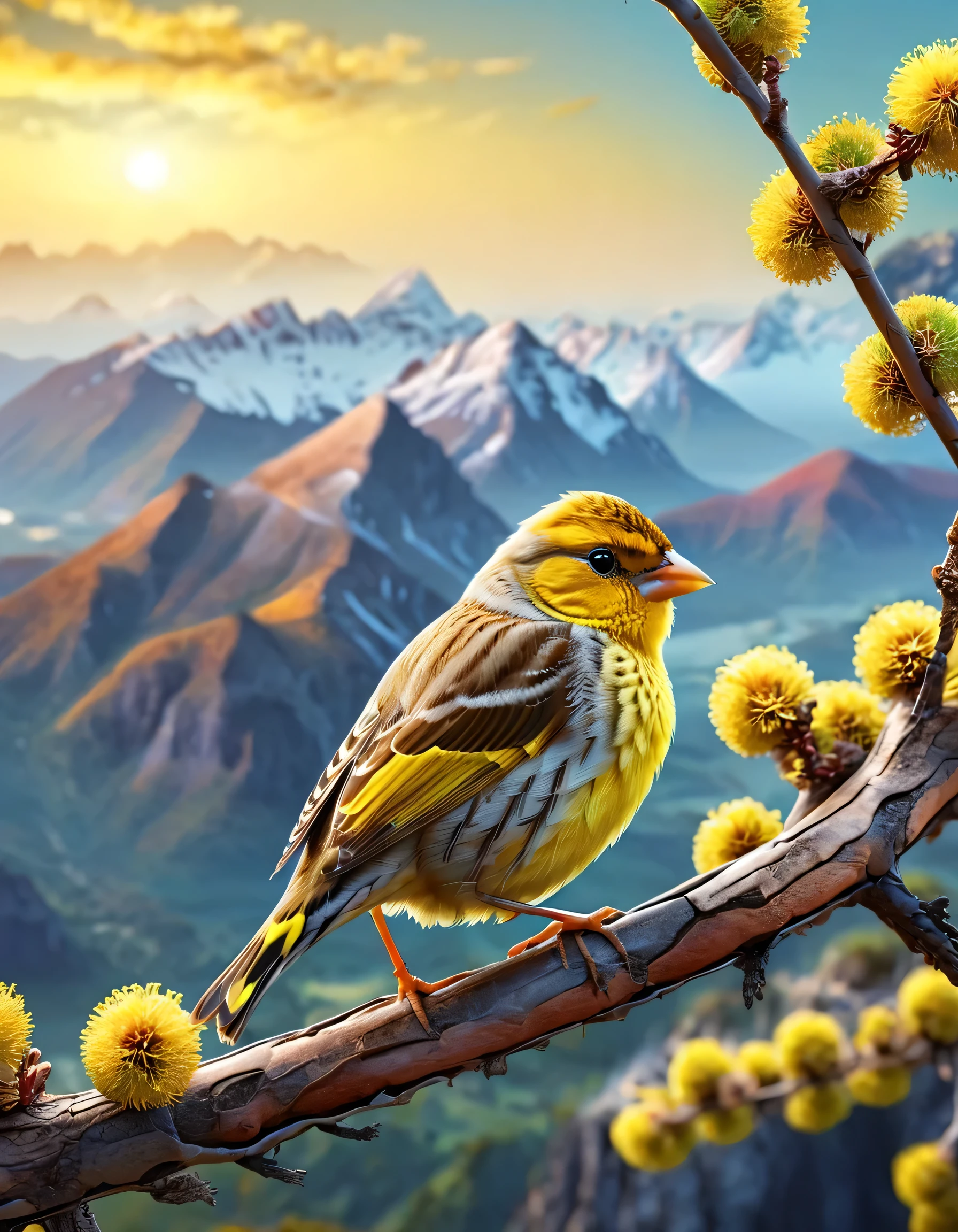 vibrant colors, extreme closeup, 3d hyperreal yellow finch perched on branch, 8k, planetary mountains background, professional photography,