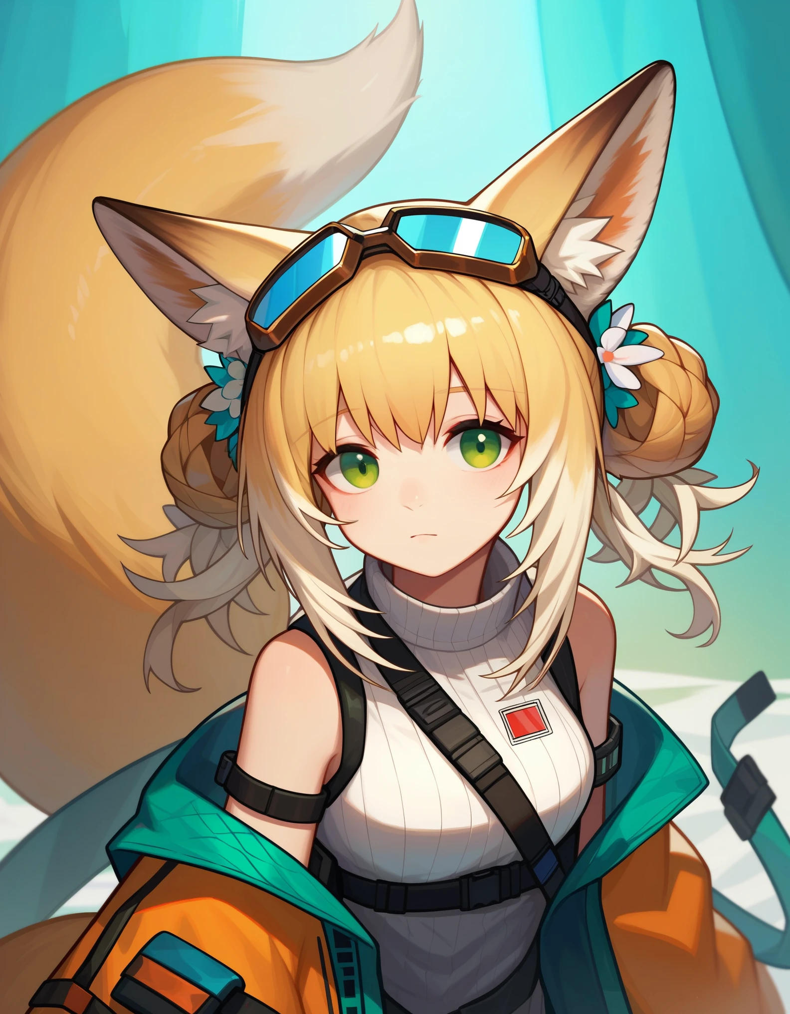 score_9,score_8,score_7, solo,
1girl,suzuran \(lostlands flowering\) \(arknights\),arknights,animal ears,fox ears,blonde hair,goggles,goggles on head,tail,official alternate costume,fox tail,fox girl,green eyes, 