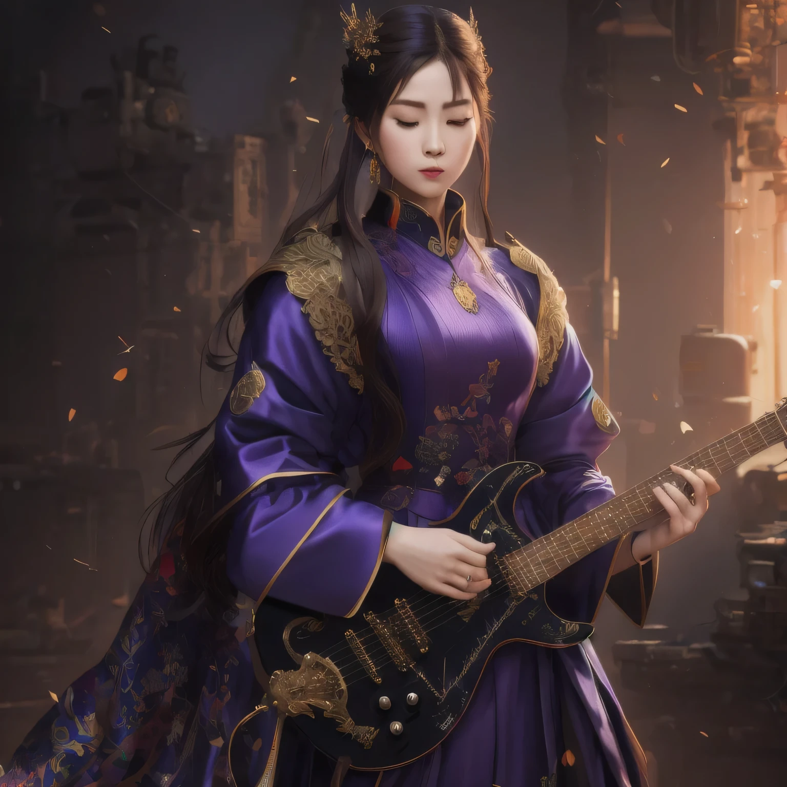 （((the guitar player))）the guitar player，there is a 18 years old in a purple dress holding a dragon, wlop and ross tran, ross tran 8 k, fantasy art style, chengwei pan on artstation, a beautiful fantasy empress, ross tran and wlop, ruan jia and artgerm, the dragon girl portrait, ig model | artgerm, artgerm and ruan jia，beautiful
1girl
bangs
深绿 eyes
closed mouth
ear piercing
earrings
grey background
hair ornament
jewelry
lips
looking at viewer
military
military uniform
nose
piercing
portrait
realistic
short hair
simple background
solo
upper body