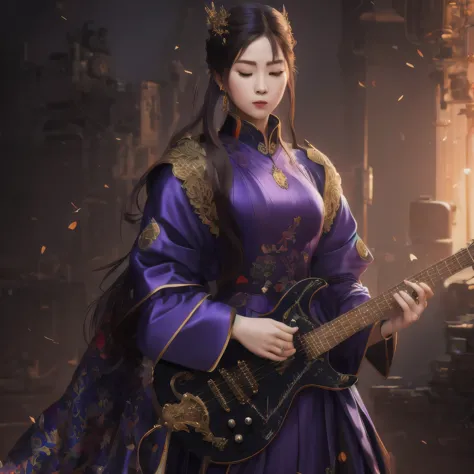 （((the guitar player))）the guitar player，there is a 18 years old in a purple dress holding a dragon, wlop and ross tran, ross tr...