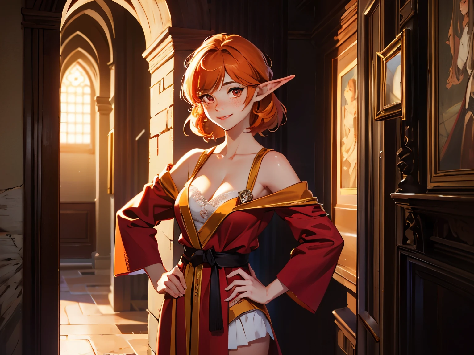 (masterpiece, high resolution,ultra - detailed:1.0),2 girls,Young and beautiful women, ((freckles)), long elf ears, eyes looking away from camera, ((grinning)), Perfect female body, (upper body), (medieval room), Extremely detailed CG,Unity 8k wallpaper，Complicated details, solo person, (red eyes), diamond shaped eyes, medium hair length, (orange hair), ((cute robes)), bare_shoulders, short skirt, cleavage, (hands on hips), happy, marble hallway, (sandstone design),(Dark night), Portrait,color difference, Depth of field,dramatic light, Ray tracing, Best quality, Cinematic lighting,offcial art,