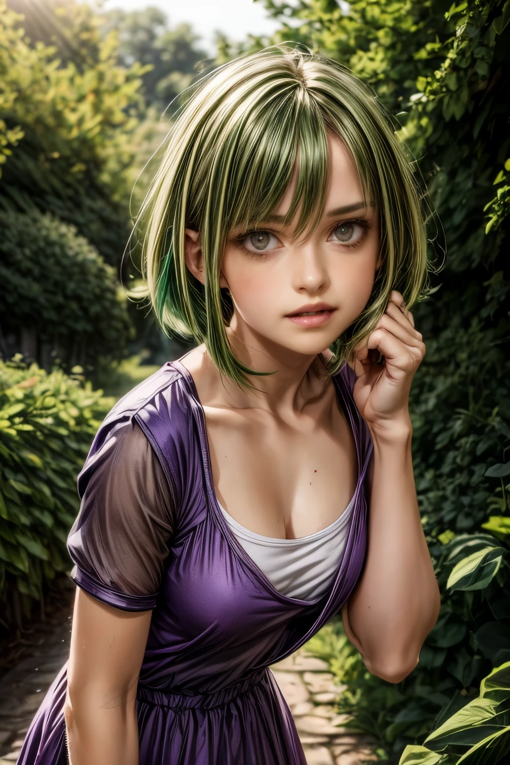 ratte867, 1girl, solo, (forest green hair:1.2), Asymmetrical haircut, (violet clothes:1.2) masterpiece, best quality, photorealistic, realistic, (RAW photo, 8k uhd, film grain), caustics, subsurface scattering