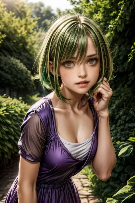 ratte867, 1girl, solo, (forest green hair:1.2), Asymmetrical haircut, (violet clothes:1.2) masterpiece, best quality, photoreali...