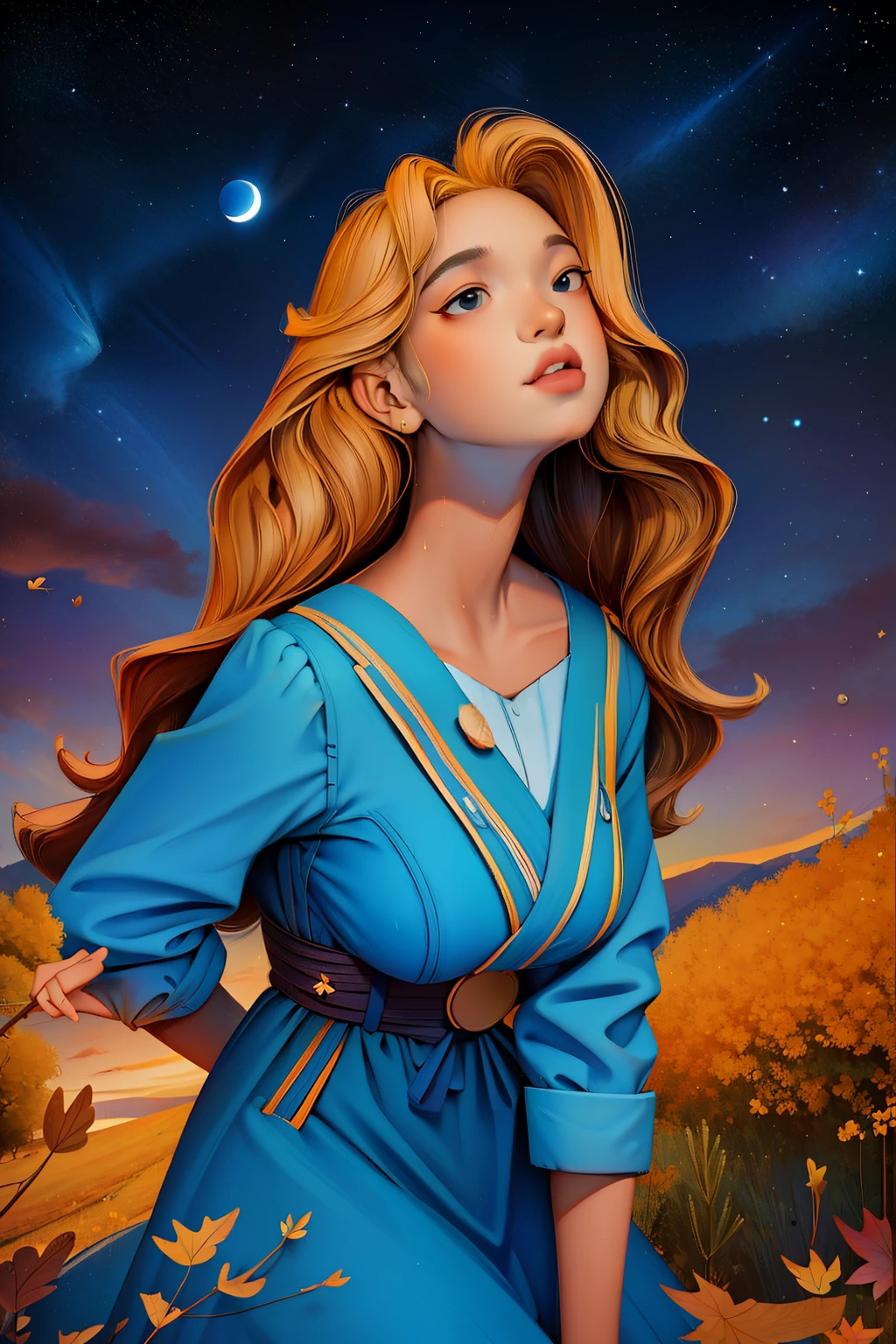 hills the sunset over the city. birds flying, autumn, fall colors, trees leaves, sky with stars, prussian blue sky colors cobalt blue purple cyan. planets, giant saturn seen near the earth, huge half moon, bright stars, shooting stars, windblown gorges, a pretty girl,