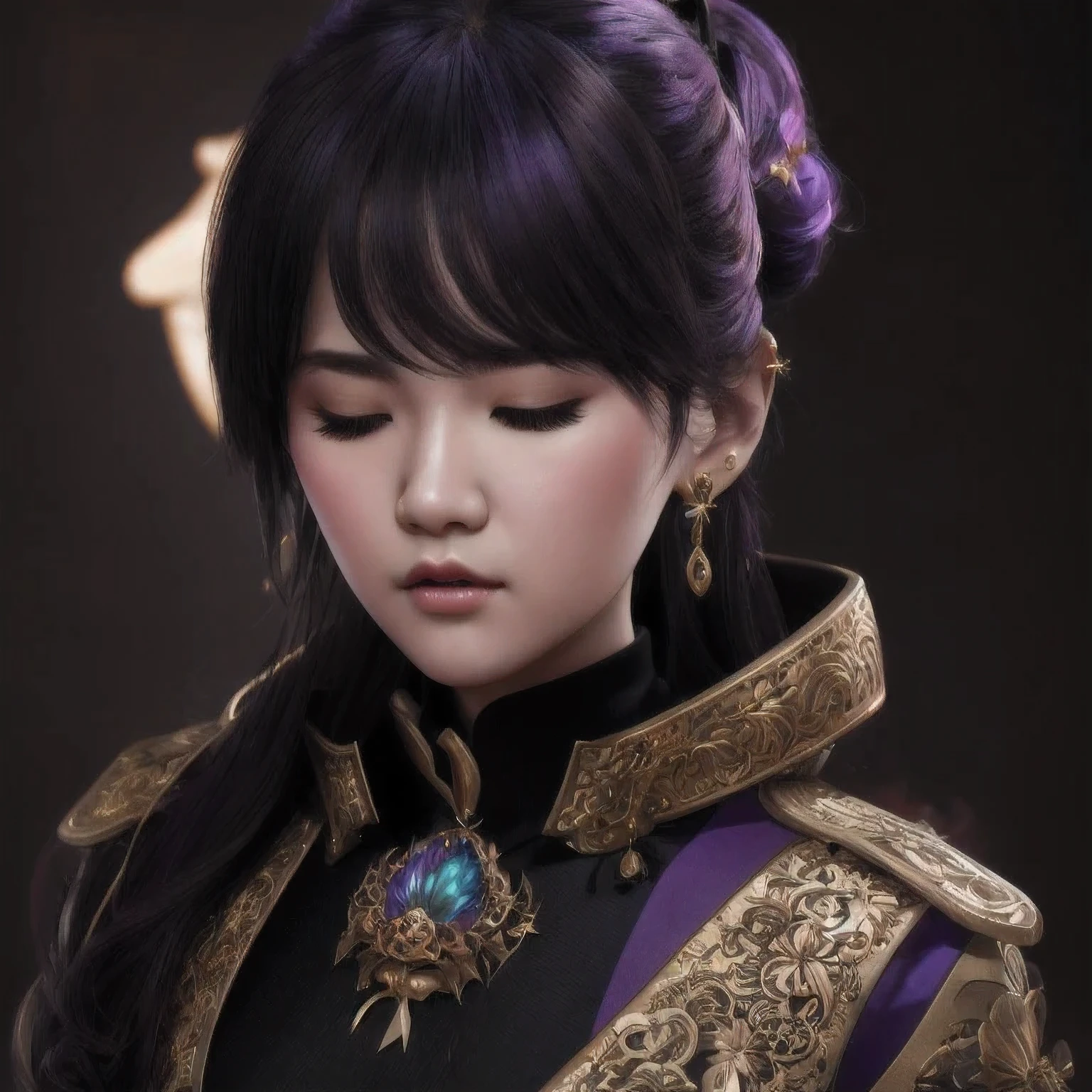 there is a 18 years old in a purple dress holding a dragon, wlop and ross tran, ross tran 8 k, fantasy art style, chengwei pan on artstation, a beautiful fantasy empress, ross tran and wlop, ruan jia and artgerm, the dragon girl portrait, ig model | artgerm, artgerm and ruan jia，beautiful
1girl
bangs
深绿 eyes
closed mouth
ear piercing
earrings
grey background
hair ornament
jewelry
lips
looking at viewer
military
military uniform
nose
piercing
portrait
realistic
short hair
simple background
solo
upper body