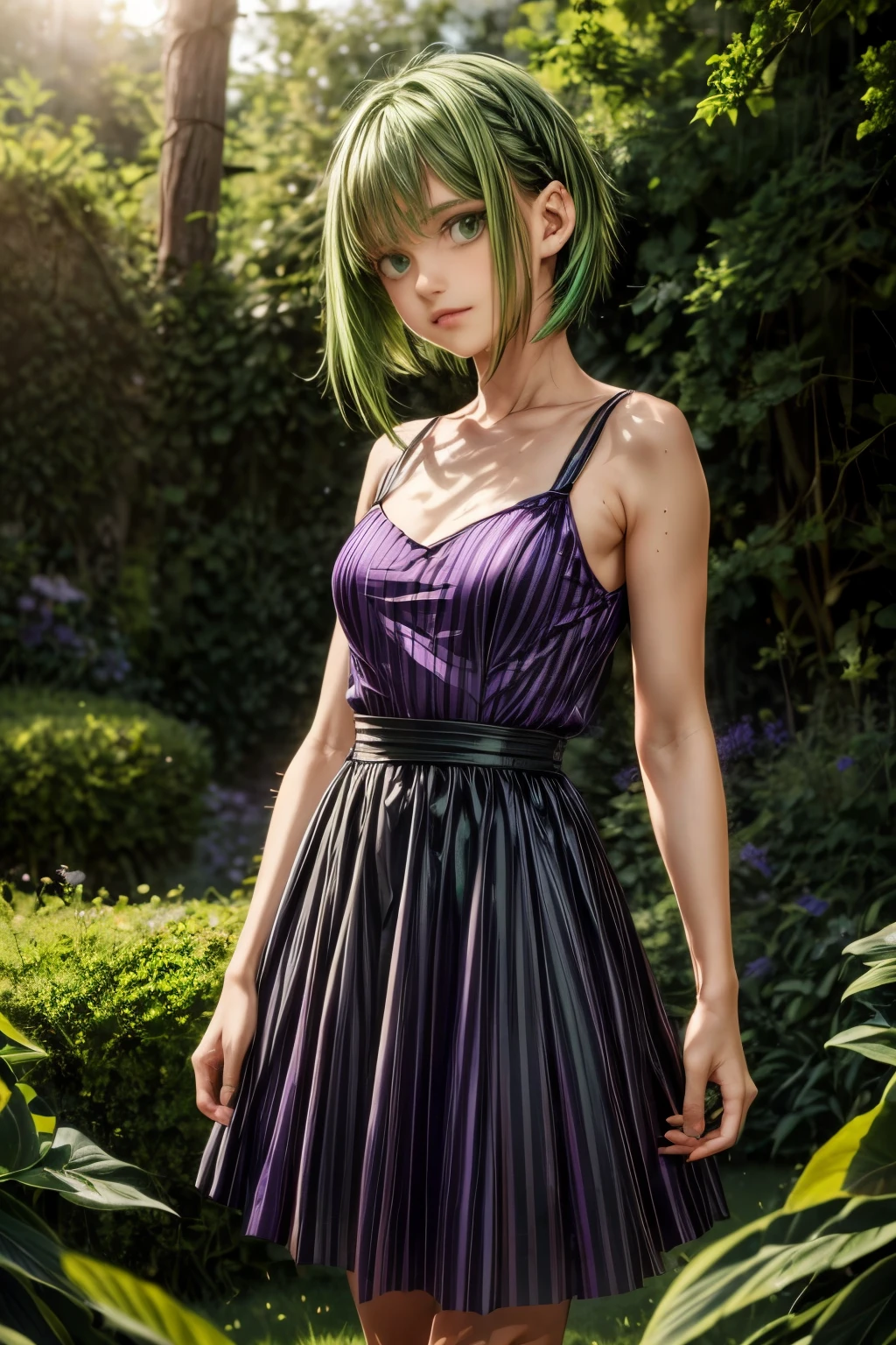 ratte867, 1girl, solo, (forest green hair:1.2), Asymmetrical haircut, (violet clothes:1.2) masterpiece, best quality, photorealistic, realistic, (RAW photo, 8k uhd, film grain), caustics, subsurface scattering