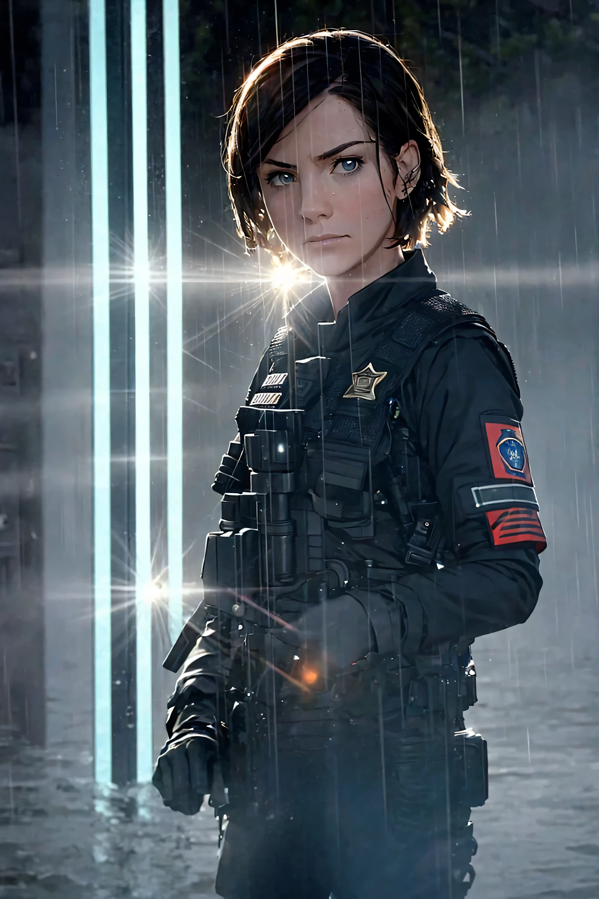 (masterpiece, photorealistic, 8k), 1girl, short hair, wet hair, police officer, ballistic vest, carrying an assault rifle, red flare, red lens flare, futuristic city, raining night, patrol car, (siren lights), (backlight:1.6), looking at viewer, realistic, extremely detailed eyes and face, cinematic lighting, dramatic lighting, (water at knees), rain drops, moody colors, dark tones