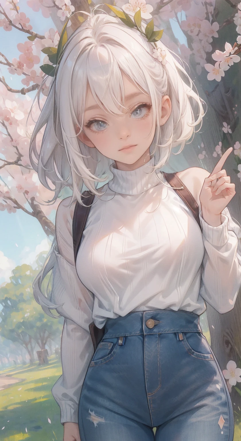 (work of art), ((best qualityer:1.3)), (expressive eyes:1.3), face perfect, White open-breasted sweater, jeans, ssmile, long hair, gazing at viewer, breasts big, (blushful:0.2), sitting down, ((Background of Sakura trees)) , out, strong wind