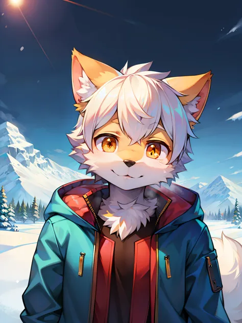 Snowy mountains Snow，full bodyesbian,Young Wolf,figure,tmasterpiece，Blue down jacket,Furry tail,Highest image quality,8K,Full HD...