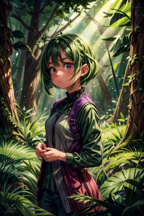  1girl, solo, (forest green hair:1.2), Asymmetrical haircut, (violet clothes:1.2) masterpiece, best quality, photorealistic, rea...