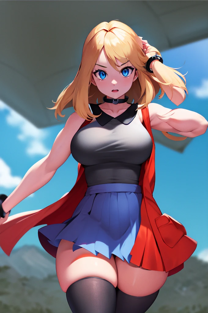 ​masterpiece, top-quality, Hi-Res, blue eyess, Serena\(The pokemon\), 1girl in, solo, thighs thighs thighs thighs, length hair, jewely, A bracelet, black thighhighs, shirt with collar, pleatedskirt, a red skirt, sleeveless, high waist skirt, sleeveless shirts, eye lashes, Black shirt,, cowboy  shot, deph of field, ((thick thighs)), huge breasts, midriff