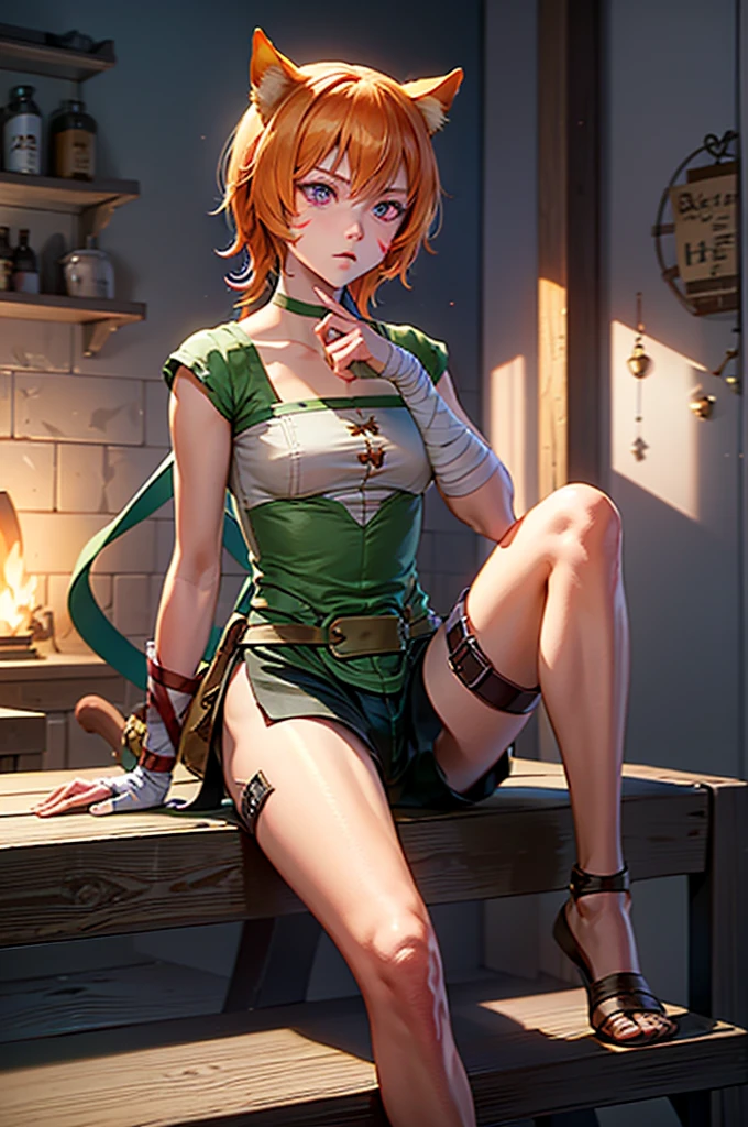 lethe fe, choker, belt, cat tail, bell, thigh strap, facial mark, bandages, side slit, pouch, brown belt, whisker markings, green shorts, wrist wrap, side slit shorts, sitting, holding a dagger, holding a knife, knife