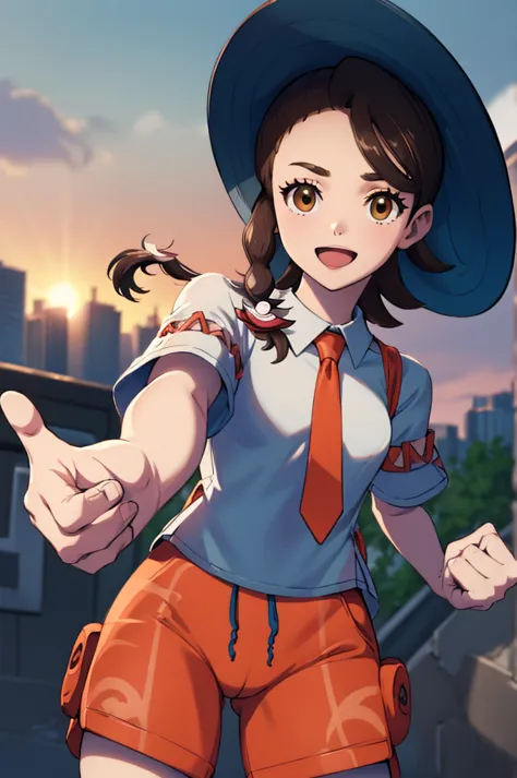 masterpiece, best quality,   pokemonjuliana, single braid, hat, white shirt, orange necktie, short sleeves, big butt, orange sho...