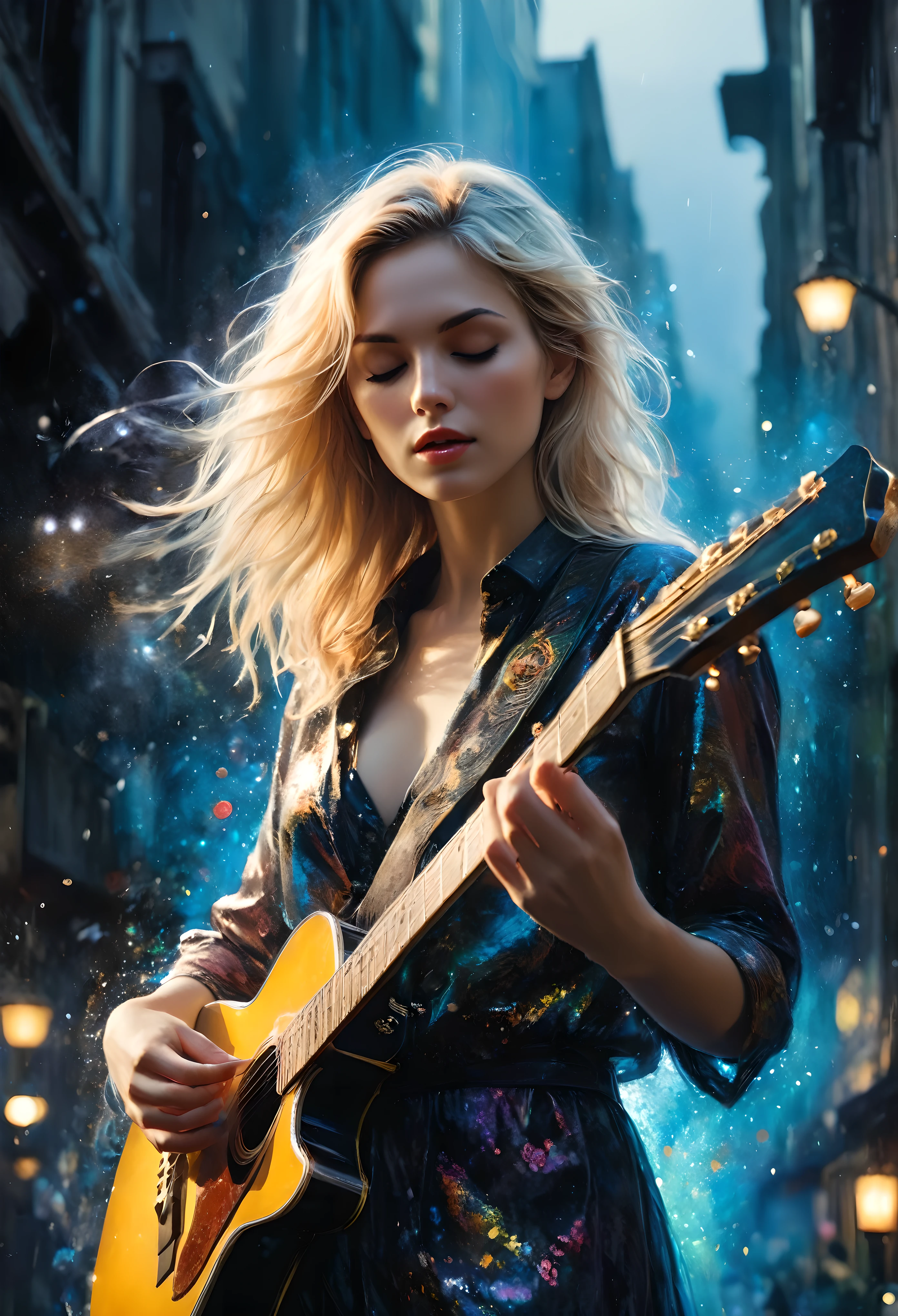 ((Masterpiece in maximum 16K resolution):1.6),((soft_color_photograpy:)1.5), ((Ultra-Detailed):1.4),((Movie-like still images and dynamic angles):1.3) | ((double contact):1.3), ((Beautiful Blonde Female Musician silhoutte effect):1.2), ((Superimposed on Pretty Female):1.1)《dark city sky》Agnes Cecile, Jeremy Mann, Oil and ink on canvas, fine dark art, super dramatic light, photoillustration, amazing depth, the ultra-detailed, iridescent black, superfluous dreams, intricately details, amazing depth, Amazing atmosphere, Mesmerizing whimsical vibrant landscapes, ((Female musician playing guitar):1.5), Maximalism ((beautiful outside, Ugly inside, pressure and pain, beauty and despair, hard and soft, positive and negative, hot and cold, Sweet and sour, Vibrant but boring, Perfect harmony, light and shadows, old and young, Black and white, Corresponding color, loud and quiet, Chaos and peace, life and death):1.2) The complex masterpiece of a real-time engineering leader. | Rendered in ultra-high definition with UHD and retina quality, this masterpiece ensures anatomical correctness and textured skin with super detail. With a focus on high quality and accuracy, this award-winning portrayal captures every nuance in stunning 16k resolution, immersing viewers in its lifelike depiction. | ((perfect_composition, perfect_design, perfect_layout, perfect_detail, ultra_detailed)), ((enhance_all, fix_everything)), More Detail, Enhance. | (((perfect_fingers))), (((perfect_legs))), (((perfect_hands))),
