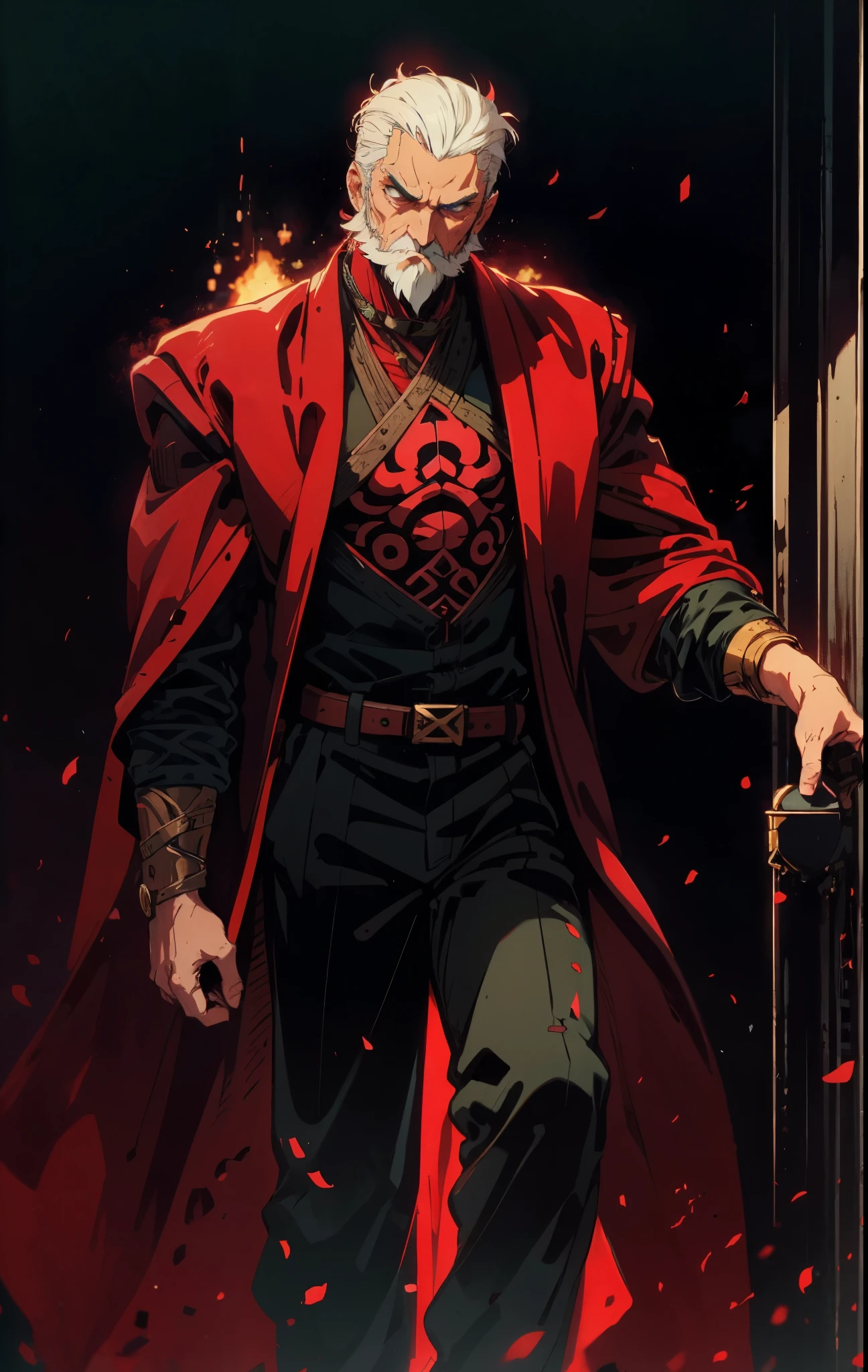A 50-year-old man with slicked-back reddish-brown short hair, a large beard covering the lower half of his face, piercing eyes, handsome features, an open dark red fantasy martial arts-style robe coat, flowing short sleeves, a black and white undershirt, matching cloth trousers, a metal belt buckle, he exudes a dark red aura of death, strides down a desolate and silent moonlit street, this character embodies a finely crafted fantasy martial arts-style overlord in anime style, exquisite and mature manga art style, dramatic, high definition, best quality, highres, ultra-detailed, ultra-fine painting, extremely delicate, professional, perfect body proportions, golden ratio, anatomically correct, symmetrical face, extremely detailed eyes and face, high quality eyes, creativity, RAW photo, UHD, 32k, Natural light, cinematic lighting, masterpiece-anatomy-perfect, masterpiece:1.5