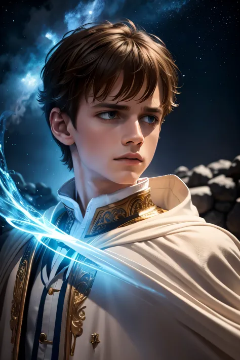 a boy in a starry night sky, wearing a long flowing white cloak, detailed face and expression, highly detailed, cinematic lighti...