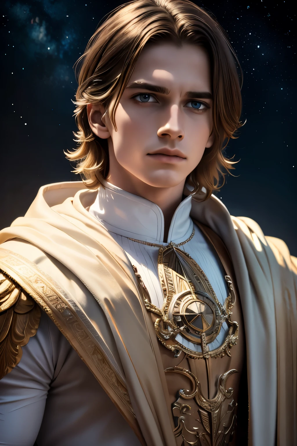 a boy in a starry night sky, wearing a long flowing white cloak, detailed face and expression, highly detailed, cinematic lighting, fantasy, dramatic, moody, deep colors, vibrant colors, intricate details, masterpiece, 8k, best quality