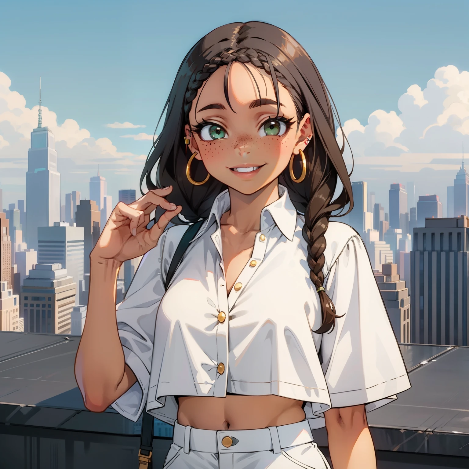 Girl with black skin, braided brown hair, Box braids, green eyes, smiling, white shorts, black bra, white blouse, big circle gold earrings,  freckles, big lips, on a rooftop, nyc skyline in the background, blue skies big clouds