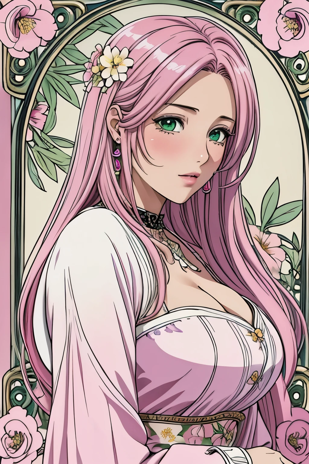 (​masterpiece, top-quality, top-quality, Official art, Beautifully Aesthetic:1.2), green eyes, (highest quality, masterpiece painting:1.3), immature woman, 16 years old, (half body shot), masterpiece, ultra high resolution, (((Flower frame, A lot of flowers in the frame, round frame, A beautiful girl fits into the frame))), Decorative panel, abstract art, (shot from a side angle), (Photoreal:1.0), ((light pink hair)),straight hair, beautiful shining hair, white and shining skin, Painterly, sketch, Texture, 超A high resolution, solo, Beautuful Women, A highly detailed, (Fractal Art:1.1), (colourfull:1.1), (florals:1.6), The most detailed, (Zentangle:1.2), (Dynamic Poses), (Abstract background:1.3), (shinny skin), (Many colors:0.8), (earrings:1.4), (pluma:0.9), Taisho romance