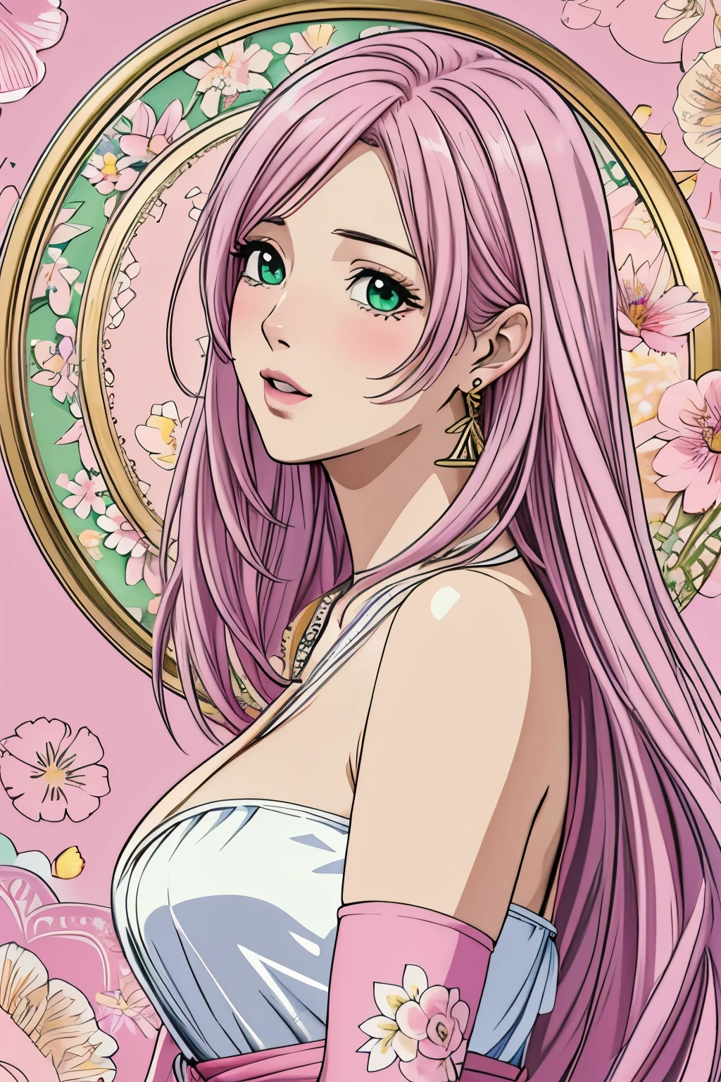 (​masterpiece, top-quality, top-quality, Official art, Beautifully Aesthetic:1.2), green eyes, (highest quality, masterpiece painting:1.3), immature woman, 16 years old, (half body shot), masterpiece, ultra high resolution, (((Flower frame, A lot of flowers in the frame, round frame, A beautiful girl fits into the frame))), Decorative panel, abstract art, (shot from a side angle), (Photoreal:1.0), ((light pink hair)),straight hair, beautiful shining hair, white and shining skin, Painterly, sketch, Texture, 超A high resolution, solo, Beautuful Women, A highly detailed, (Fractal Art:1.1), (colourfull:1.1), (florals:1.6), The most detailed, (Zentangle:1.2), (Dynamic Poses), (Abstract background:1.3), (shinny skin), (Many colors:0.8), (earrings:1.4), (pluma:0.9), Taisho romance