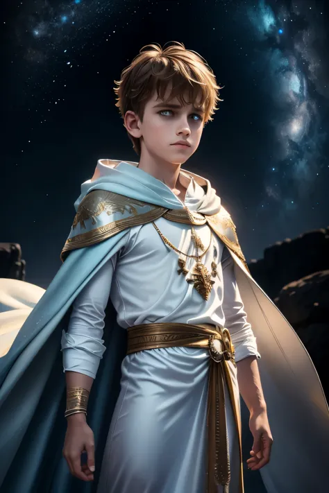 a boy in a starry night sky, wearing a long flowing white cloak, detailed face and expression, highly detailed, cinematic lighti...