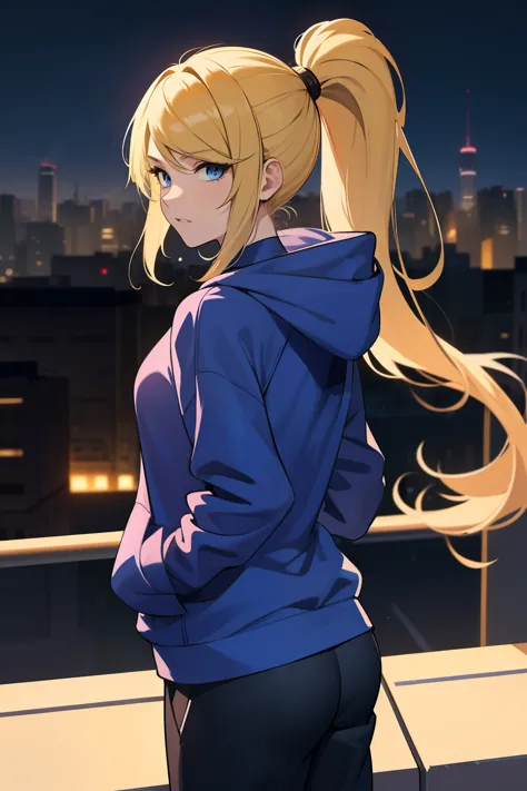 masterpiece, best quality, samus aran, ponytail, hair tie, blue hoodie, black sweatpants, looking at viewer, city background, co...