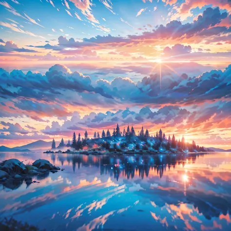 , Blue view, bigsky、sea、Aerial、
there is a beautiful sunset with a lake and trees in the background, colorful skies, surreal col...