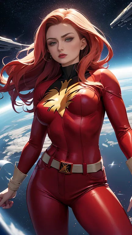 sophie turner wearing the phoenix costume from the movie x-men dark phoenix floating above the earth in space, asas de fogo nas ...