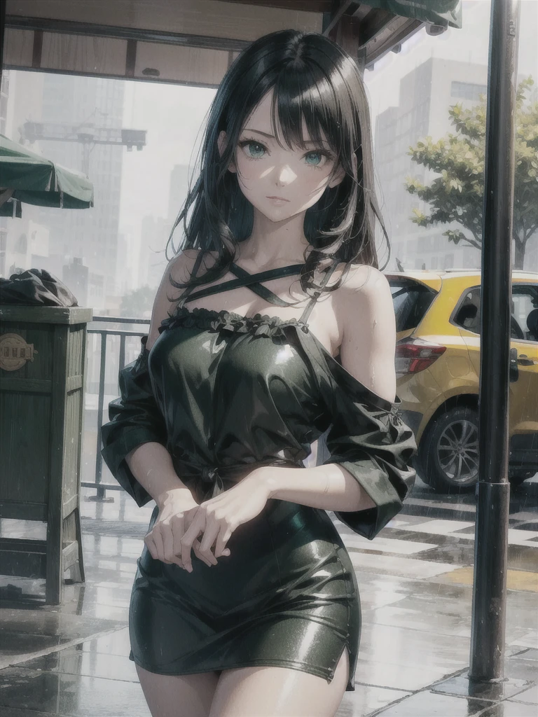 best quality, ultra-detailed, high resolution, extremely detailed cg, anime style, 8k, nice hands, perfect hands, perfect body, (green eyes), (black hair up to shoulder), drill hair, ribbon, beautiful eyes,wet clothes, short red dress, detailed and beautiful face and eyes, ((shiny skin)), shiny hair, (detailed and beautiful shiny clothes, under a kiosk, in a square,  waiting for rain to pass,overcast sky, rainy day