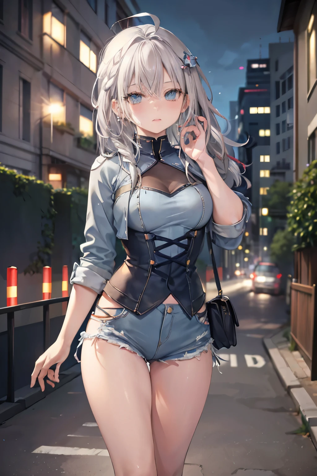  denim jacket, denim shorts, (solo:1.1), (mature woman:1.2), beautiful face, (detailed eyes), symmetric eyes, (thin lips), (long hair, grey hair, braid, hair over one eye, hair ornament), (beautiful round breasts), voluptuous body, slim waist, (masterpiece, best qualty), soft ambient lighting, standing, front view, vivid colors, sunny day, blue sky, looking at the viewer, slim waist, HD, 8K, vivid colors, intricate, (absurdres:1.2), bokeh, ((detailed face)), facial details, (pov thighs)