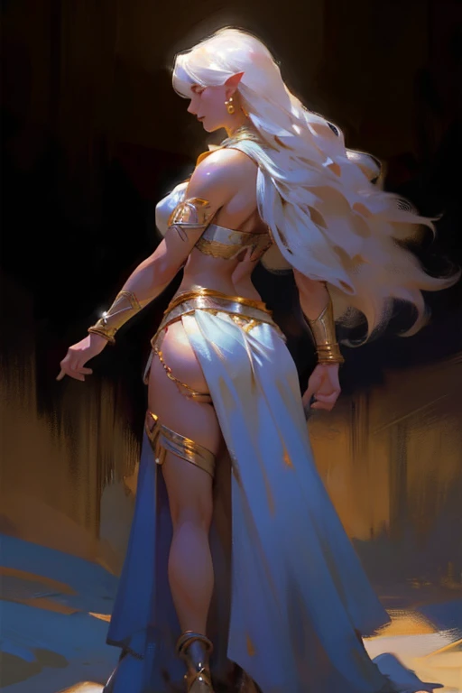 (full body:1.4),(back view),((ultra realistic illustration:1.2)),(dark fantasy:1.4), In a desert kingdom. Beautiful exotic princess, long white hair, electric blue eyes. dark tan skin, gorgeous fit figure, toned legs,natural breasts, abs, perfect round ass, perfect skin, ancient Persian inspired dress, gold jewelry, navel piercing, Egyptian eye makeup, pomegranate red lips, gold sandals. Masterpiece, (highly detailed:1.2),(detailed face and eyes:1.2), 8k wallpaper, natural lighting. core shadows, high contrast, bokeh.