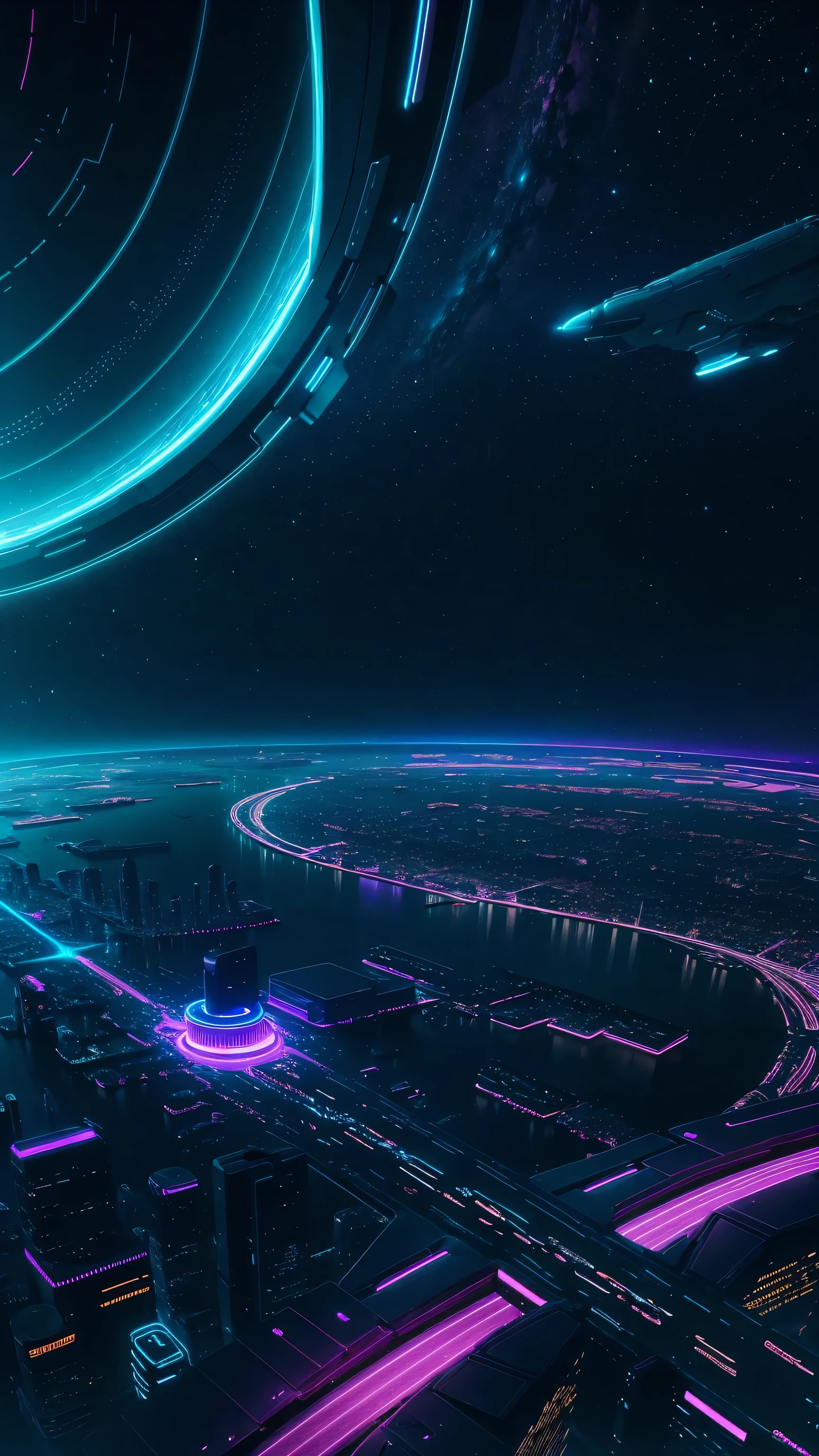 futuristic night city in space, neon lights, modern, 8k details, ultrarealistic, realistic, 8K highest quality,ultra high resolution,Super detailed,8K,photorealistic,best aesthetic,beautiful