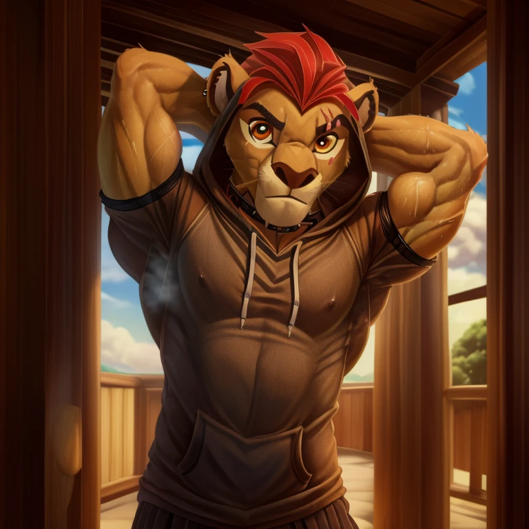 ,Slim, very Slim, very thin waist.masterpiece, detailed, beautiful digital art, masterpiece, 4K, small parts, Anthro, a lion, male, ((male род)), good quality anatomy, ((beautiful eyes)), orange eyes, Red Mane, ((beautiful hands, detailed hands)), (I look at the viewer), I look at the viewer, whole body, scar, scar on left eye, anime style,Slim, , very thin waist, Cute, muscular. ,,Cozy atmosphere,,inflection, big biceps, ,gay, a fag,very pumped up,a gift.(musk), (musk clouds:1.4), sweaty,, ((Realistic clothes:1.6). (pike biceps:1.5,).posing.sweating.without sleeves, hood, hoodie, piercing, hood down. without sleeves hoodie, Dominant, Very Close to the Viewer, outside, Suffocates, ,frightening look,(bold), very strong,lean forward towards the viewer, lean towards the viewer, lean closer to the camera,kion pet,Whore,Особенно много scarов:2，Много scarов,the collar is very tight, Hands raised behind his head, in the room, posing, in the bedroom,секс outside, послушная Whore, full height,