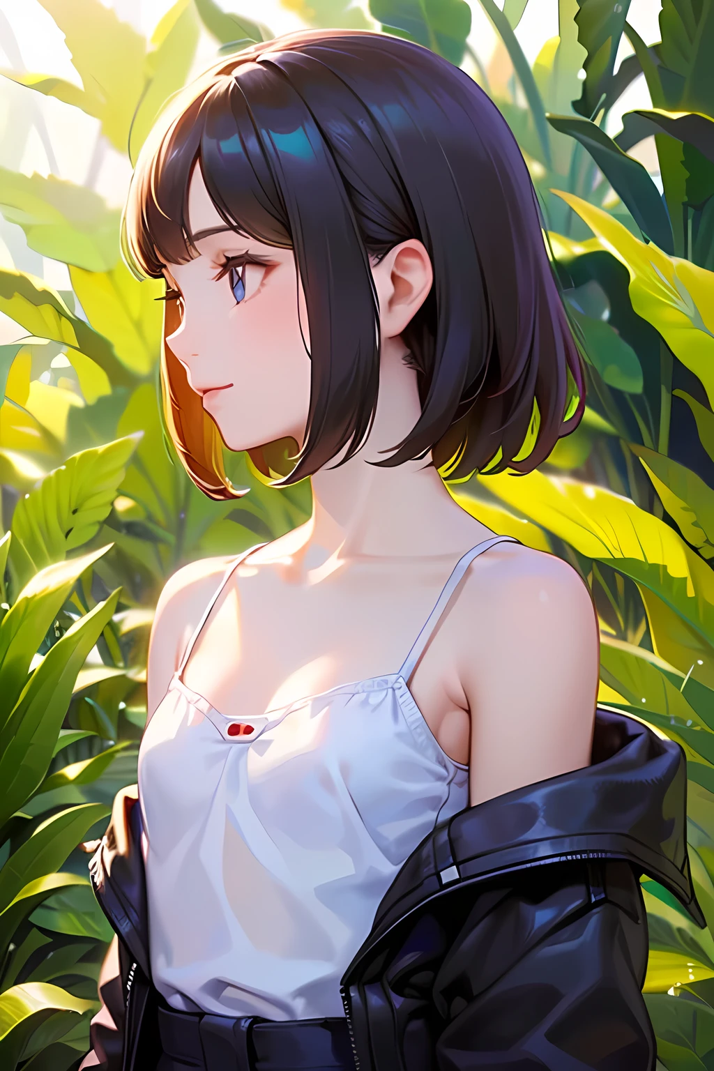 Anime girl with short hair and white top standing in front of plants -  SeaArt AI