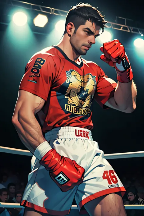 a muscular boxer in the ring, steely facial expression, wearing boxing gloves, detailed and accurate anatomy, masterpiece, high ...