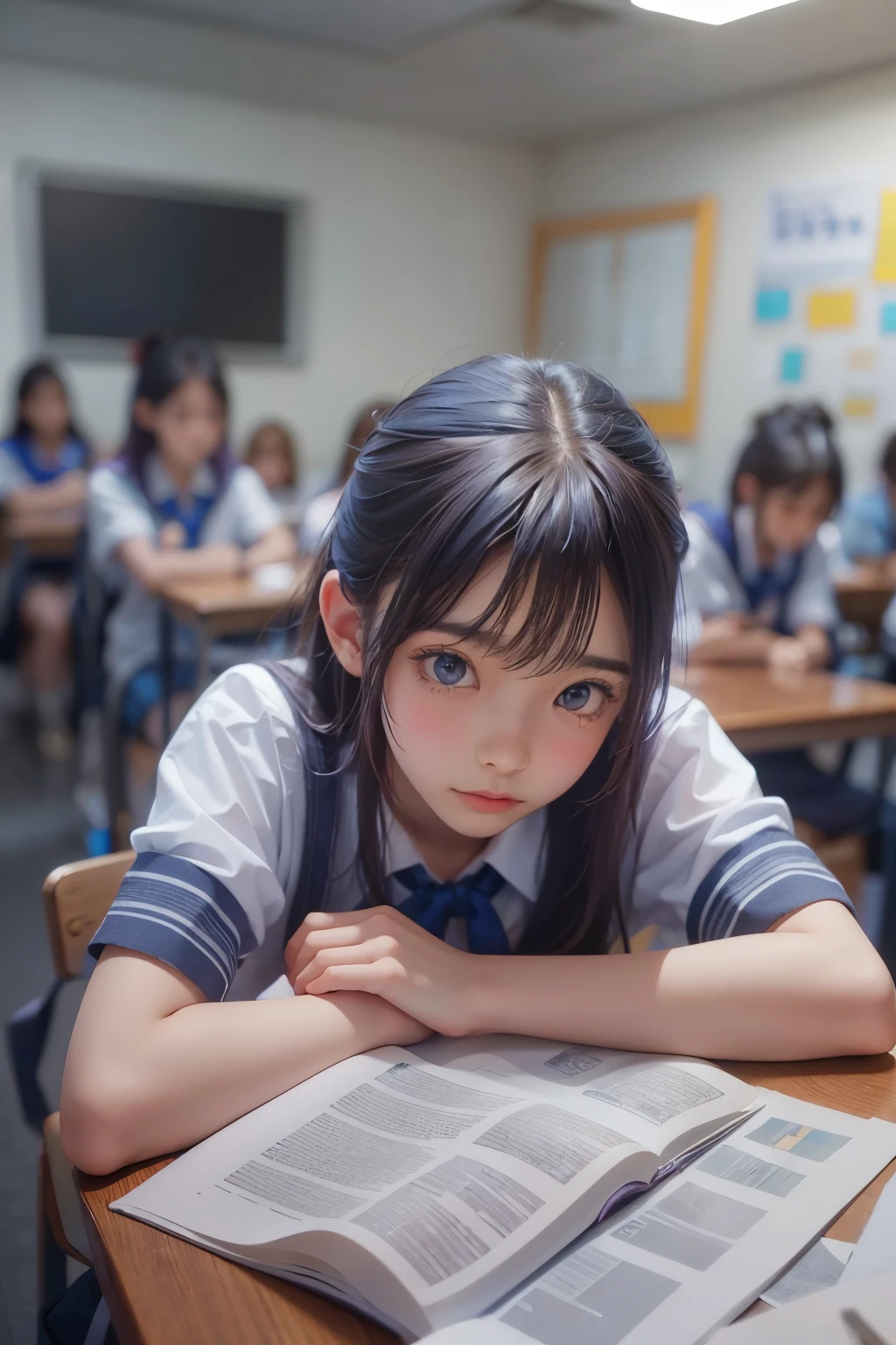 A young woman, 18 years old, with long purple hair, wearing a sailor uniform, sitting in a classroom (School 1.5 in the background) (Serious expression, Cold 1.5) (highest quality: 1.1) (masterpiece: 1.3) with an unparalleled masterpiece, Surreal 8K, Perfect artwork, Super detailed, highest quality, masterpiece 4K wallpaper aesthetics, masterpiece, Award-winning works, Official Art, Cinema Lighting