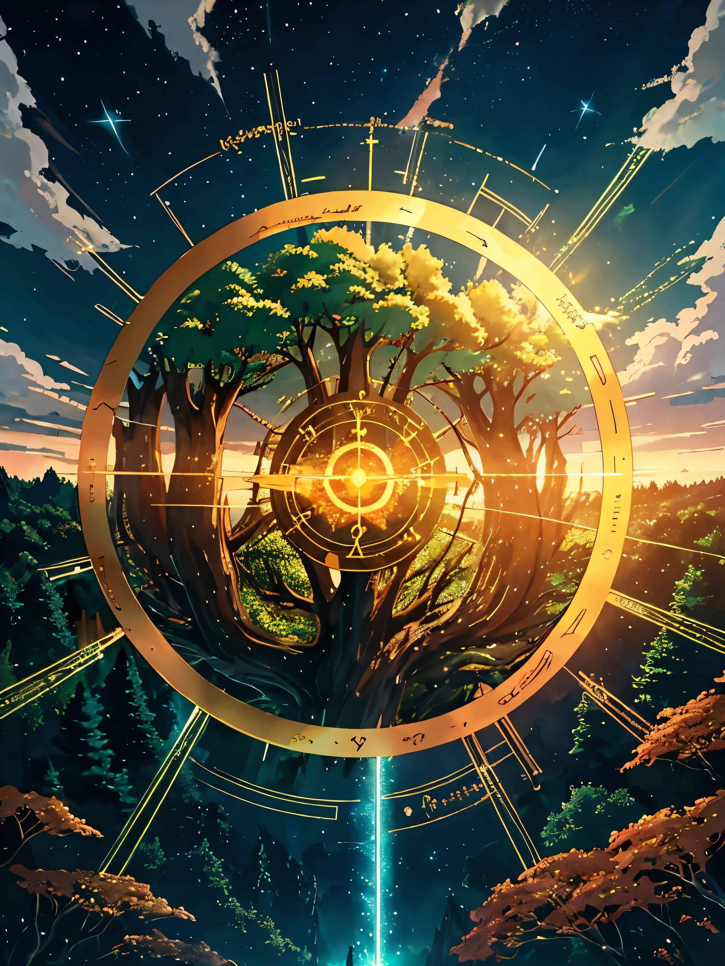 golden hour, anime, fantasy, knocking to the heavens door, sky, realistic, light particles, clouds, magic circle, glyph, magic runes, outdoors, on the background a forest of electric trees, glowing with circuit-patterned leaves