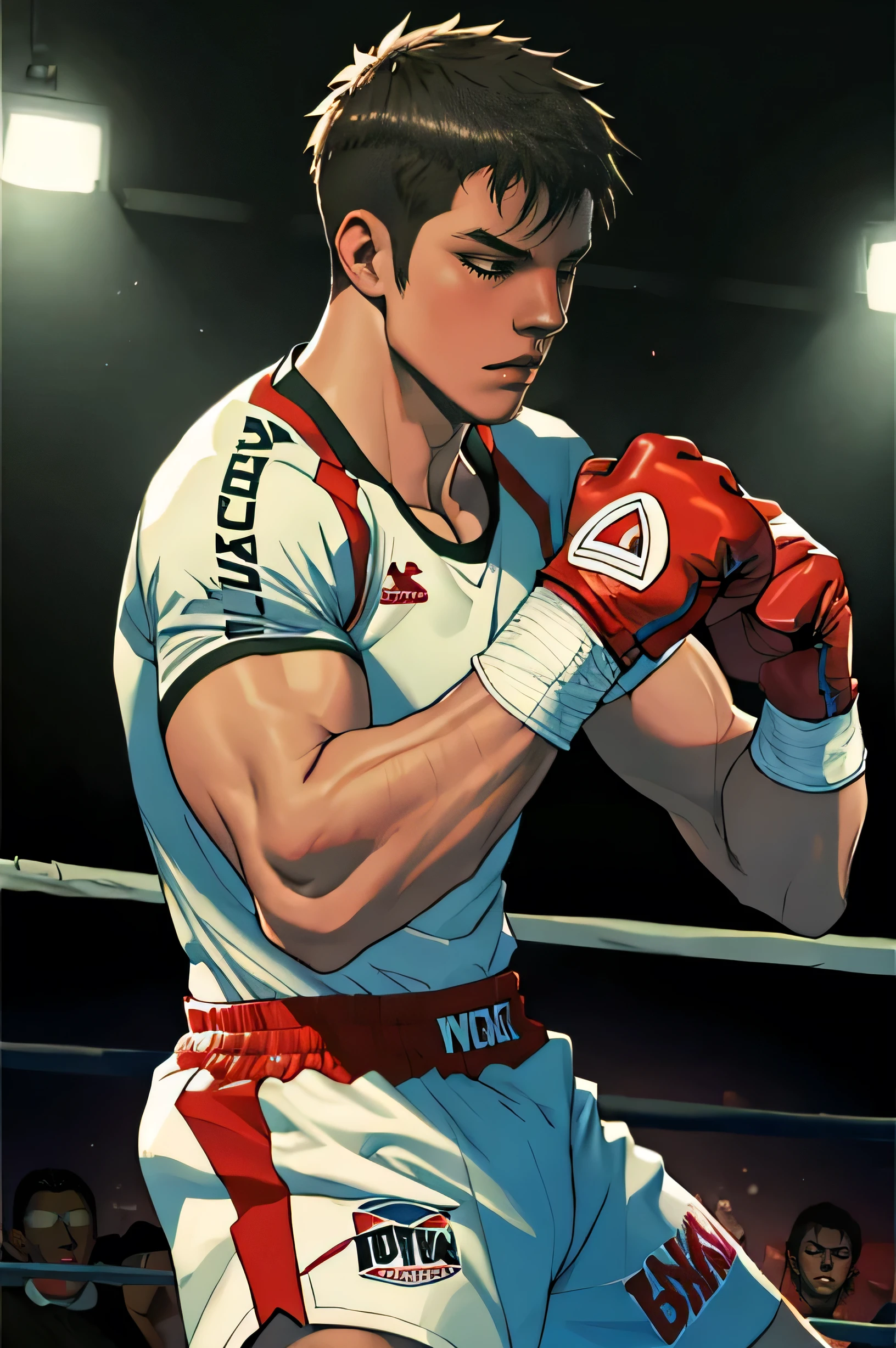 a muscular boxer in the ring, steely facial expression, wearing boxing gloves, detailed and accurate anatomy, masterpiece, high quality, 16k, UHD resolution