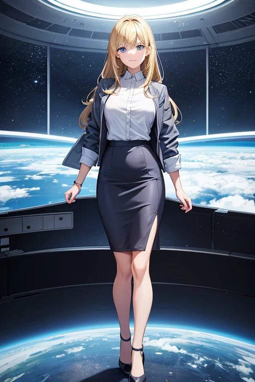 Anime drawings、Full body portrait、Space SF Captain、A woman, about 28 years old, standing upright, about 165cm tall, wearing a grey jacket, white T-shirt and shorts.、Laughing with mouth open、Hairstyle is semi-long straight、Blonde、Blue Eyes、Socks and sneakers、Cap