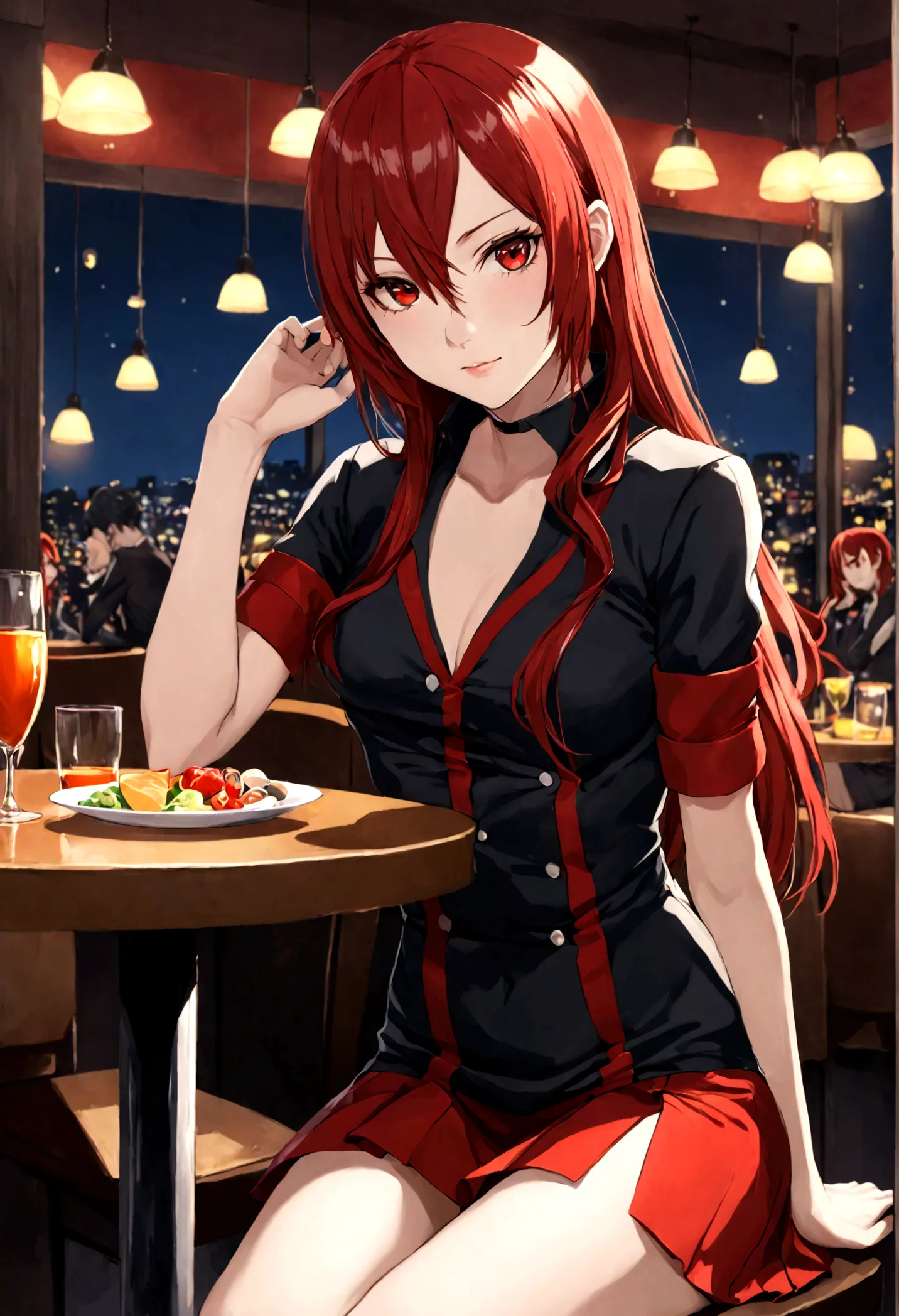 ((masterpiece, best quality)) persona3mitsuru, 1girl, solo, long hair, red hair, red eyes, on the restaurant, minidress, ligths ...