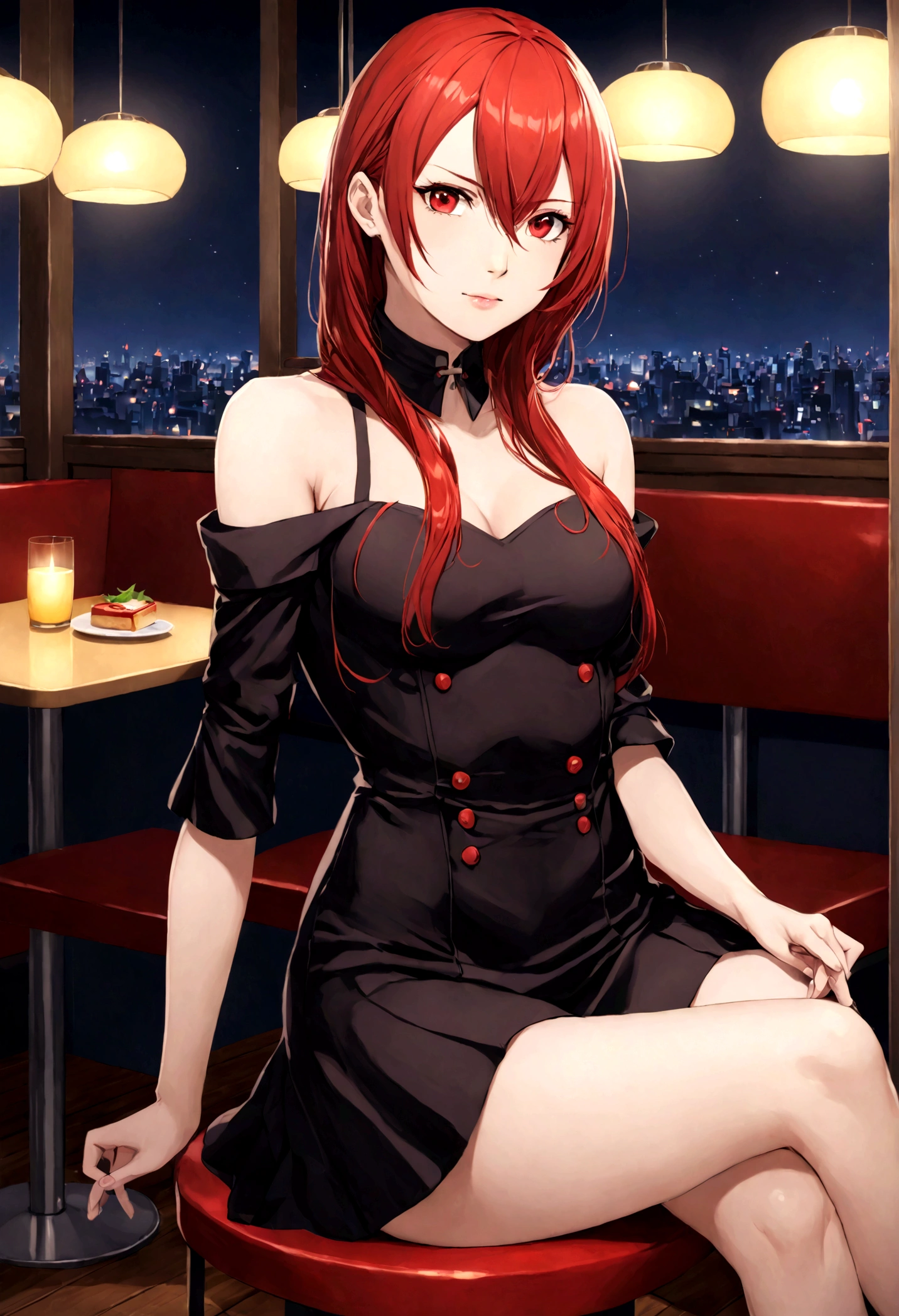 ((masterpiece, best quality)) Persona3Mitsuru, 1girl, solo, long hair, red hair, red eyes, on the restaurant, minidress, ligths in the background, sitting cross-legged, 18 years old,