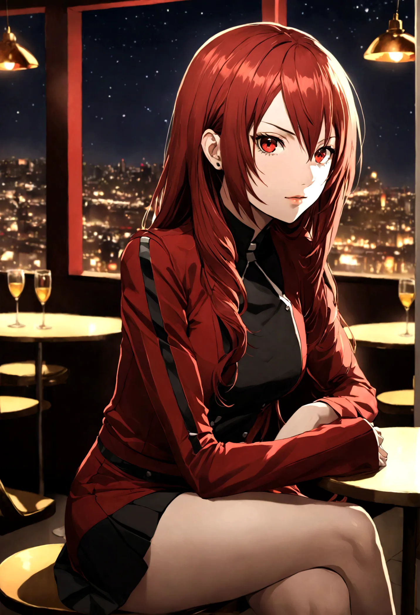 ((masterpiece, best quality)) persona3mitsuru, 1girl, solo, long hair, red hair, red eyes, on the restaurant, minidress, ligths ...