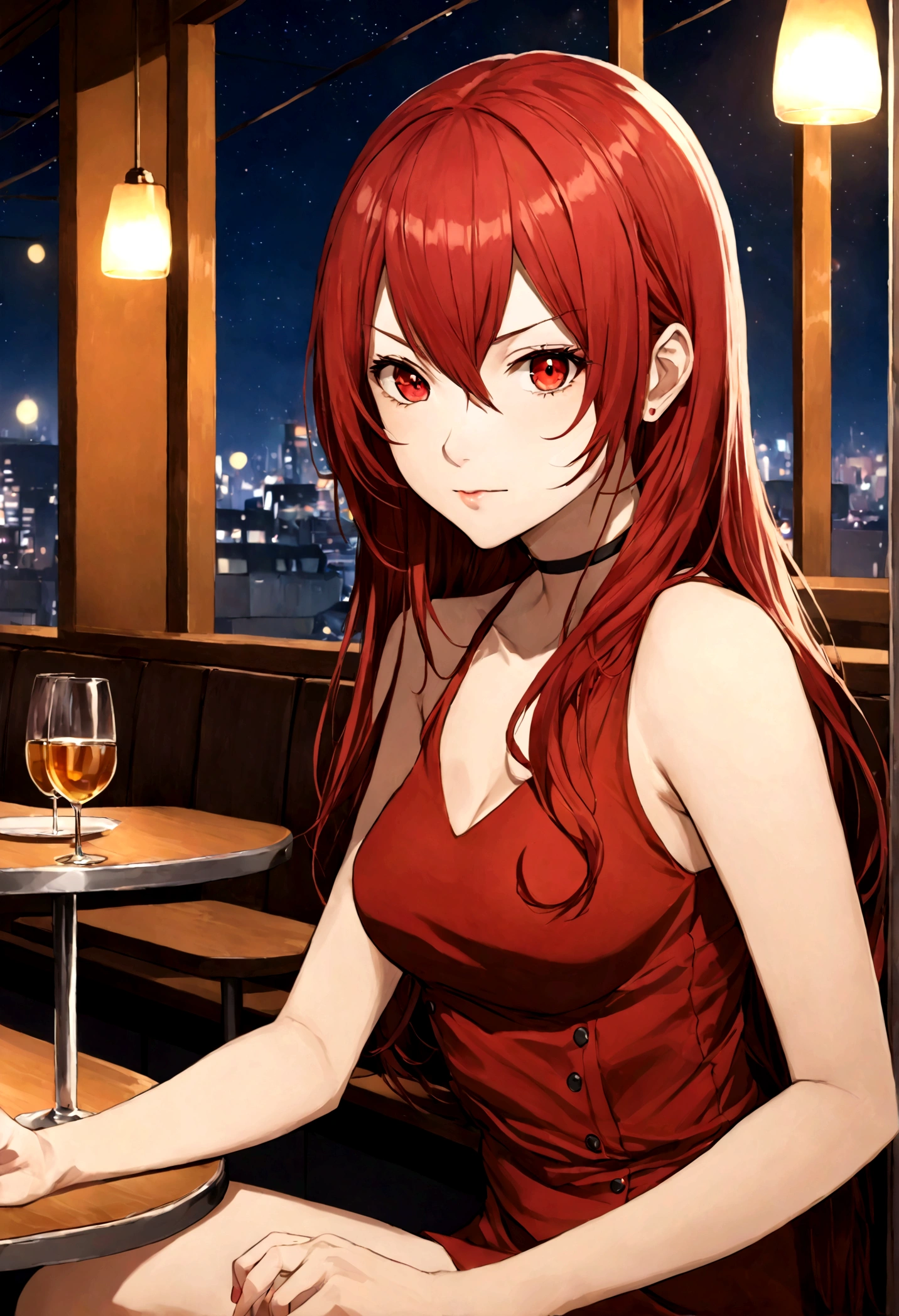 ((masterpiece, best quality)) Persona3Mitsuru, 1girl, solo, long hair, red hair, red eyes, on the restaurant, minidress, ligths in the background, sitting cross-legged, 18 years old,