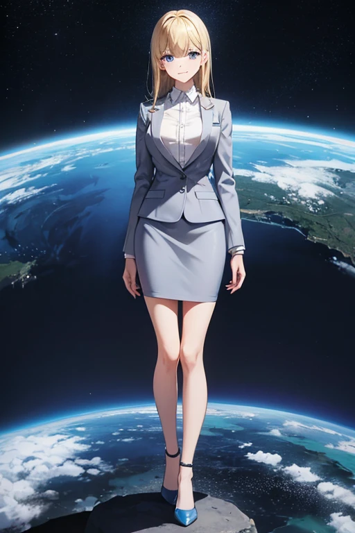 Anime drawings、Full body portrait、Space SF Captain、A woman, about 28 years old, standing upright, about 165cm tall, wearing a grey jacket, white T-shirt and shorts.、Laughing with mouth open、Hairstyle is semi-long straight、Blonde、Blue Eyes、Socks and sneakers、Cap