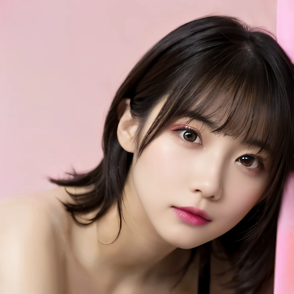 1 girl, ((Wearing pink make-up:1.4))、(Wearing a strapless micro bikini:1.5), Very beautiful Japanese idol portraits, looking at the camera、
(RAW Photos, highest quality), (Realistic, Realistic:1.4), (masterpiece), 
Very delicate and beautiful, Very detailed, 2k wallpaper, wonderful, finely, Very detailed CG Unity 8K 壁紙, Very detailed, High resolution, Soft Light, 
Beautiful detailed girl, Very detailed目と顔, Beautiful and sophisticated nose, Big beautiful eyes, Cinema Lighting, 
(Simple light color background:1.3),
(Blonde medium hair), (Parted bangs), 
Complete Anatomy, Slender body,Small breasts, Sensual look