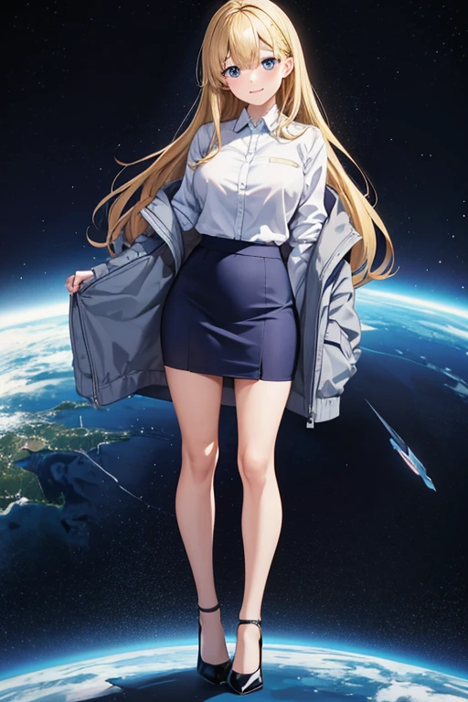 Anime drawings、Full body portrait、Space SF Captain、A woman, about 28 years old, standing upright, about 165cm tall, wearing a grey jacket, white T-shirt and shorts.、Laughing with mouth open、Hairstyle is semi-long straight、Blonde、Blue Eyes、Socks and sneakers、Cap
