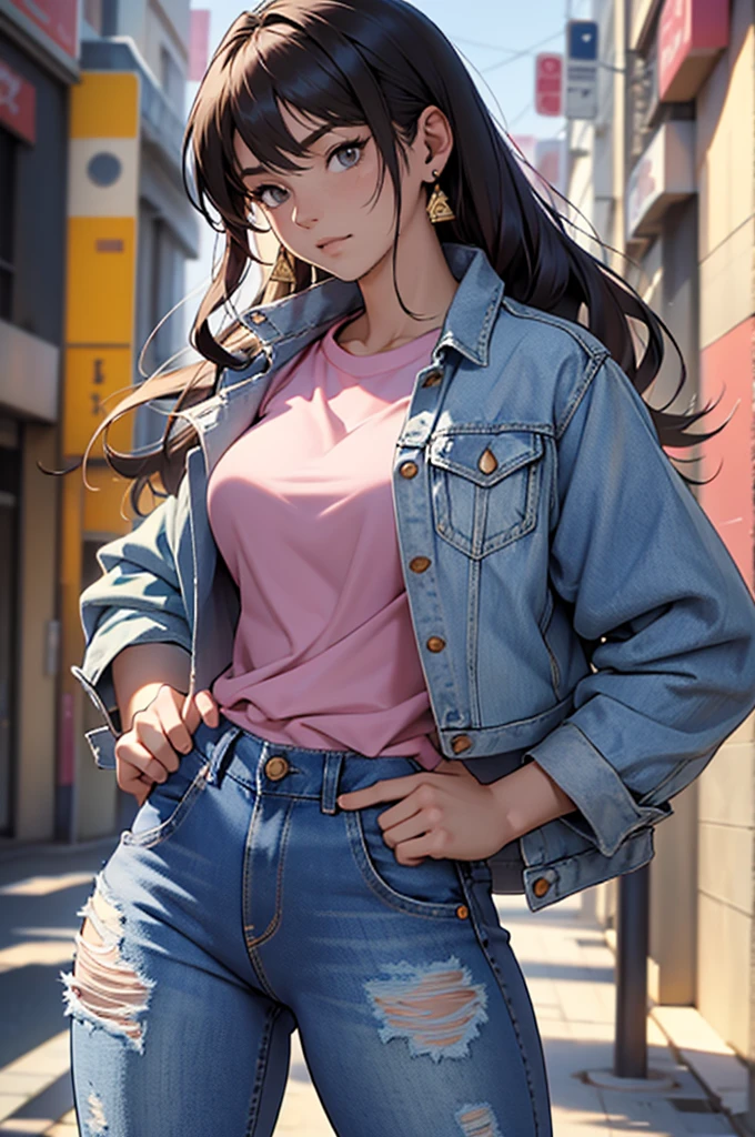 masterpiece, ultra quality, Beautiful detailed, extremely detailed,16K, exquisite, highres, Beautiful background, Beautiful eye, Beautiful skin, Bold line, anime style, chest focus, (Kaori stands with her hands on her hips, wearing a pink shirt over a white denim jacket and blue denim jeans.), Kaori, 1 girl, alone, 27 years old, gesturing with sexy genitals pose, cheeky pose, Tomboy, woman&#39;s whole body, perfect figure, anger, blush, erotic, fascinating, Charm, beautiful woman face, deep red eyes, well-shaped eyelashes, Perfect eyes, beautiful woman, slender body, beautiful big breasts, cleavage, perfectly chiseled abs, beautiful long legs), white denim jacket, pink t-shirt, Blue denim jeans, (perfect arms, perfect hands, perfect fingers, perfect anatomy), humid, humid, (looking at the viewer), indoor, perfect quality, good quality, masterpiece, HDR, UHD,