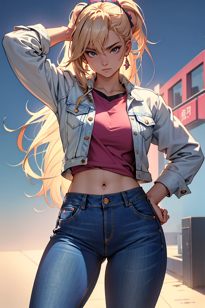 masterpiece, ultra quality, Beautiful detailed, extremely detailed,16K, exquisite, highres, Beautiful background, Beautiful eye, Beautiful skin, Bold line, anime style, chest focus, (Kaori stands with her hands on her hips, wearing a pink shirt over a white denim jacket and blue denim jeans.), Kaori, 1 girl, alone, 27 years old, gesturing with sexy genitals pose, cheeky pose, Tomboy, woman&#39;s whole body, perfect figure, anger, blush, erotic, fascinating, Charm, beautiful woman face, deep red eyes, well-shaped eyelashes, Perfect eyes, beautiful woman, slender body, beautiful big breasts, cleavage, perfectly chiseled abs, beautiful long legs), white denim jacket, pink t-shirt, Blue denim jeans, (perfect arms, perfect hands, perfect fingers, perfect anatomy), humid, humid, (looking at the viewer), indoor, perfect quality, good quality, masterpiece, HDR, UHD,