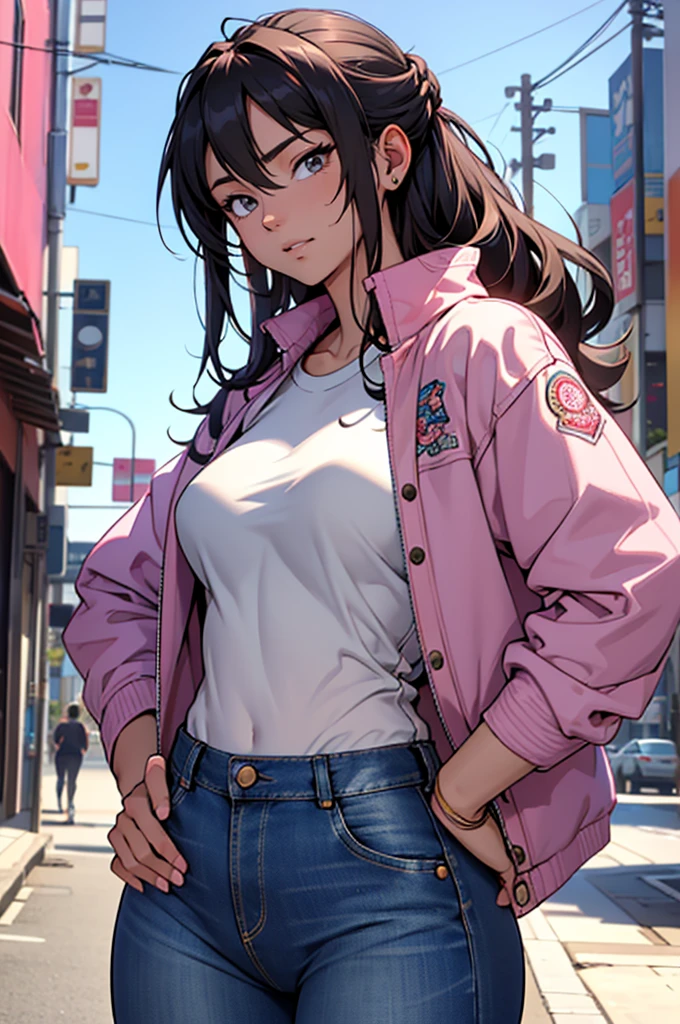 masterpiece, ultra quality, Beautiful detailed, extremely detailed,16K, exquisite, highres, Beautiful background, Beautiful eye, Beautiful skin, Bold line, anime style, chest focus, (Kaori stands with her hands on her hips, wearing a pink shirt over a white denim jacket and blue denim jeans.), Kaori, 1 girl, alone, 27 years old, gesturing with sexy genitals pose, cheeky pose, Tomboy, woman&#39;s whole body, perfect figure, anger, blush, erotic, fascinating, Charm, beautiful woman face, deep red eyes, well-shaped eyelashes, Perfect eyes, beautiful woman, slender body, beautiful big breasts, cleavage, perfectly chiseled abs, beautiful long legs), white denim jacket, pink t-shirt, Blue denim jeans, (perfect arms, perfect hands, perfect fingers, perfect anatomy), humid, humid, (looking at the viewer), indoor, perfect quality, good quality, masterpiece, HDR, UHD,