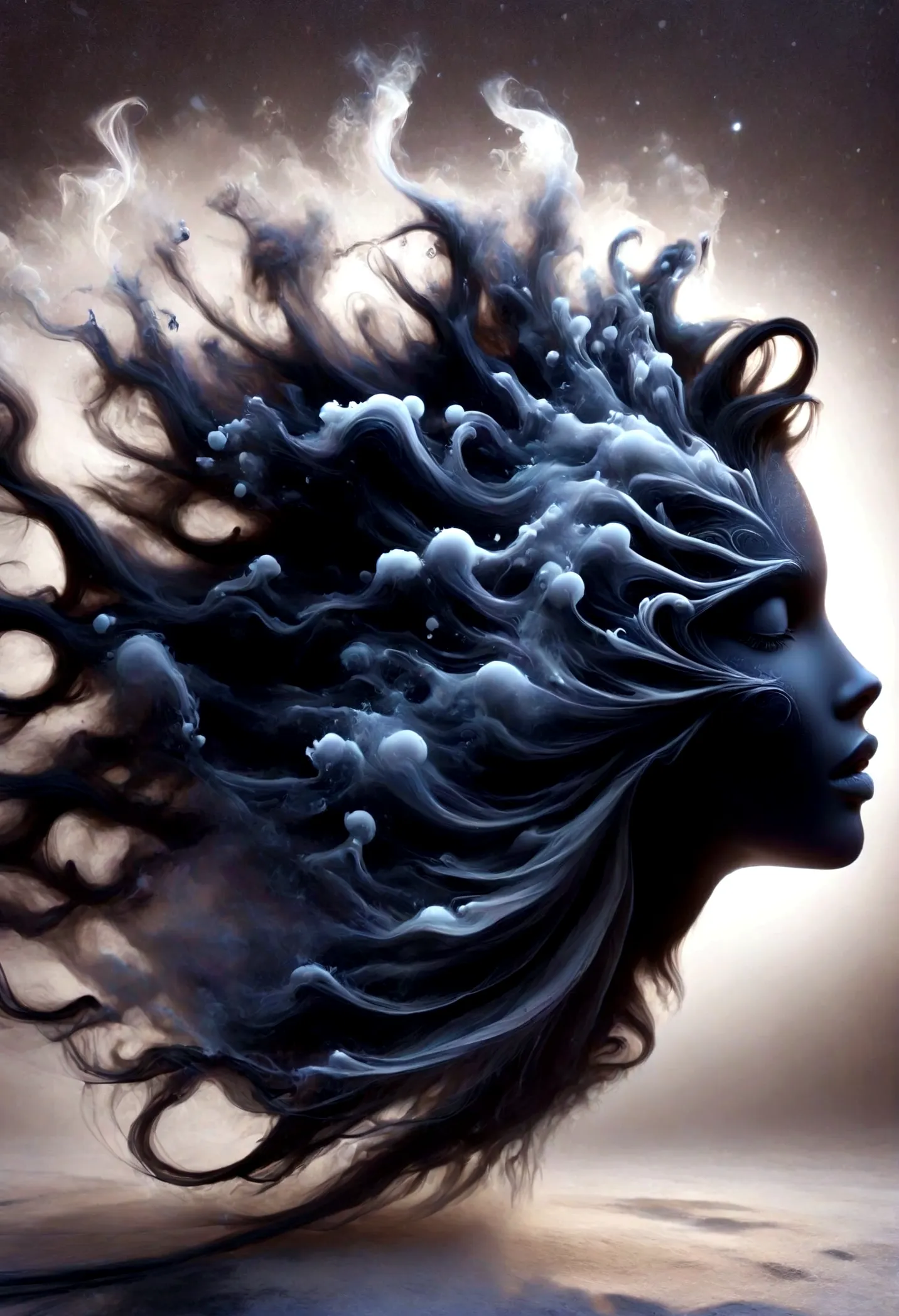 ink art of black dancing hair，wallpaper phone，ink splasting，airbrush art